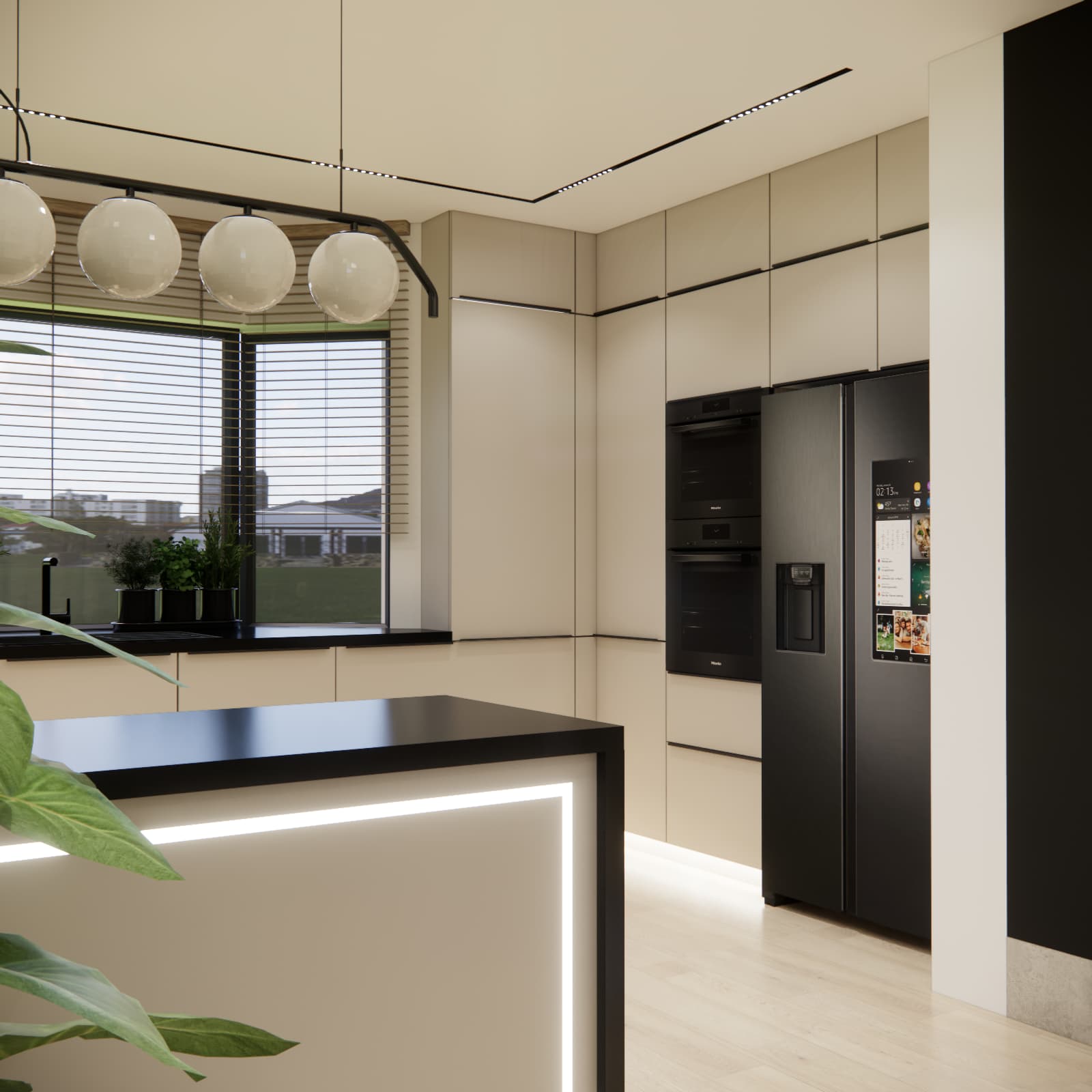 Tall kitchen cabinetry with light fronts, a black side-by-side refrigerator, and a built-in oven and microwave column