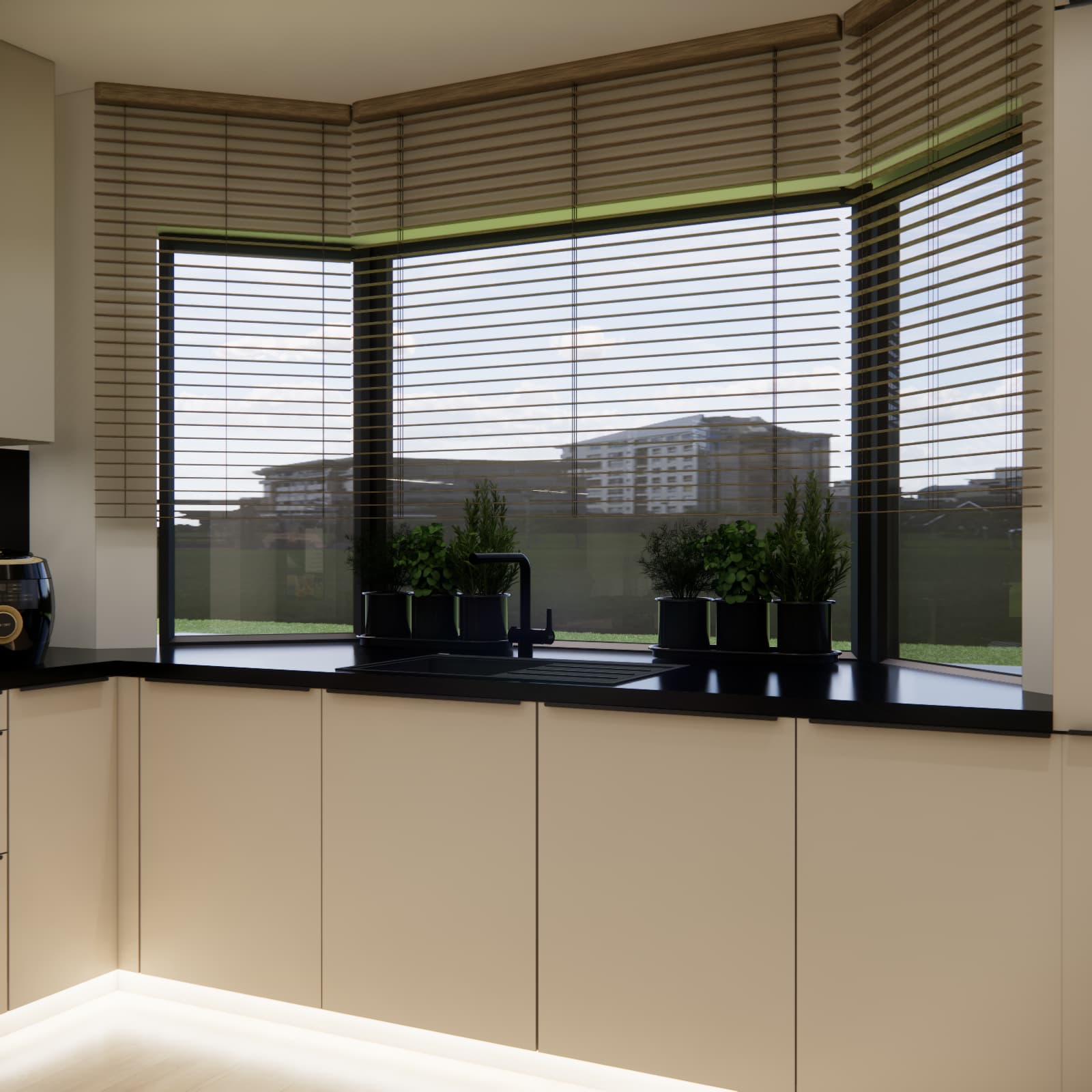 Corner window in a kitchen with a black countertop, sink under the window, and potted herbs on the sill