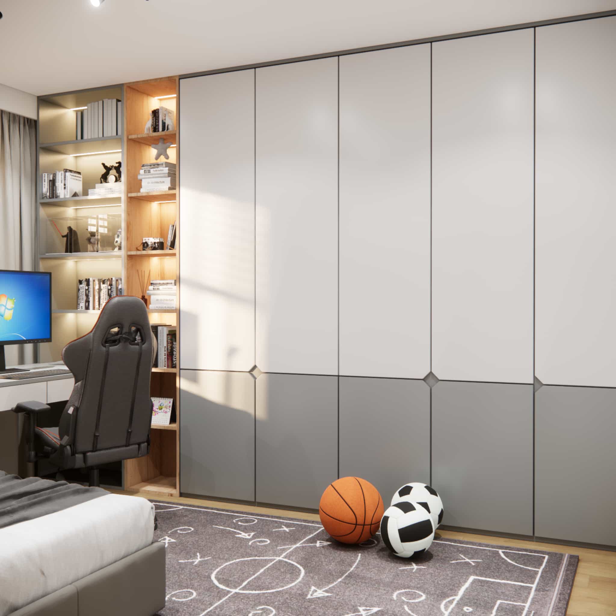 Wooden shelving with LED lighting next to the wardrobe – modern interior design inspiration for a boy’s room
