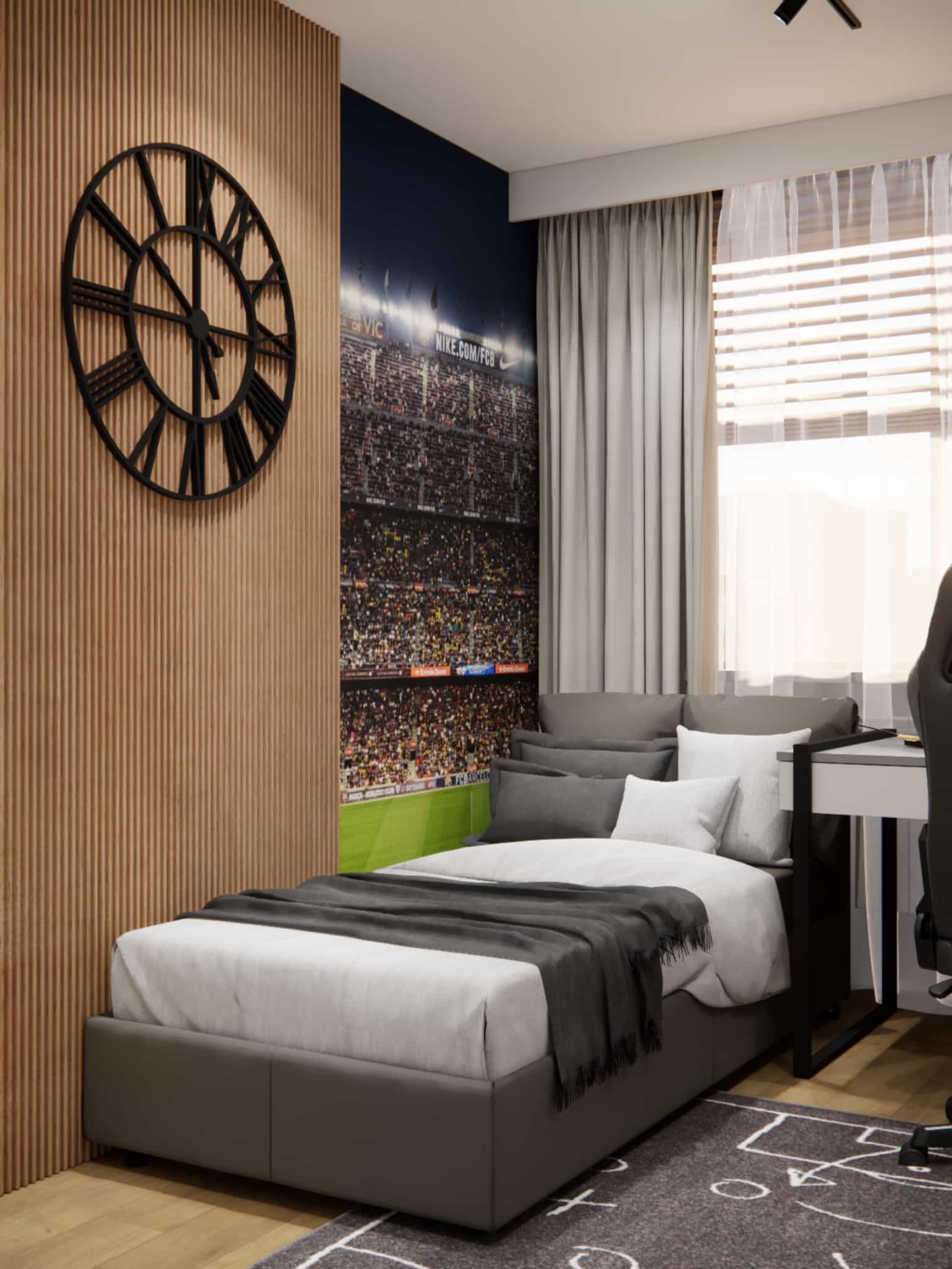 Sleeping area in a boy’s room – football stadium wallpaper, wooden slats, and neutral textiles