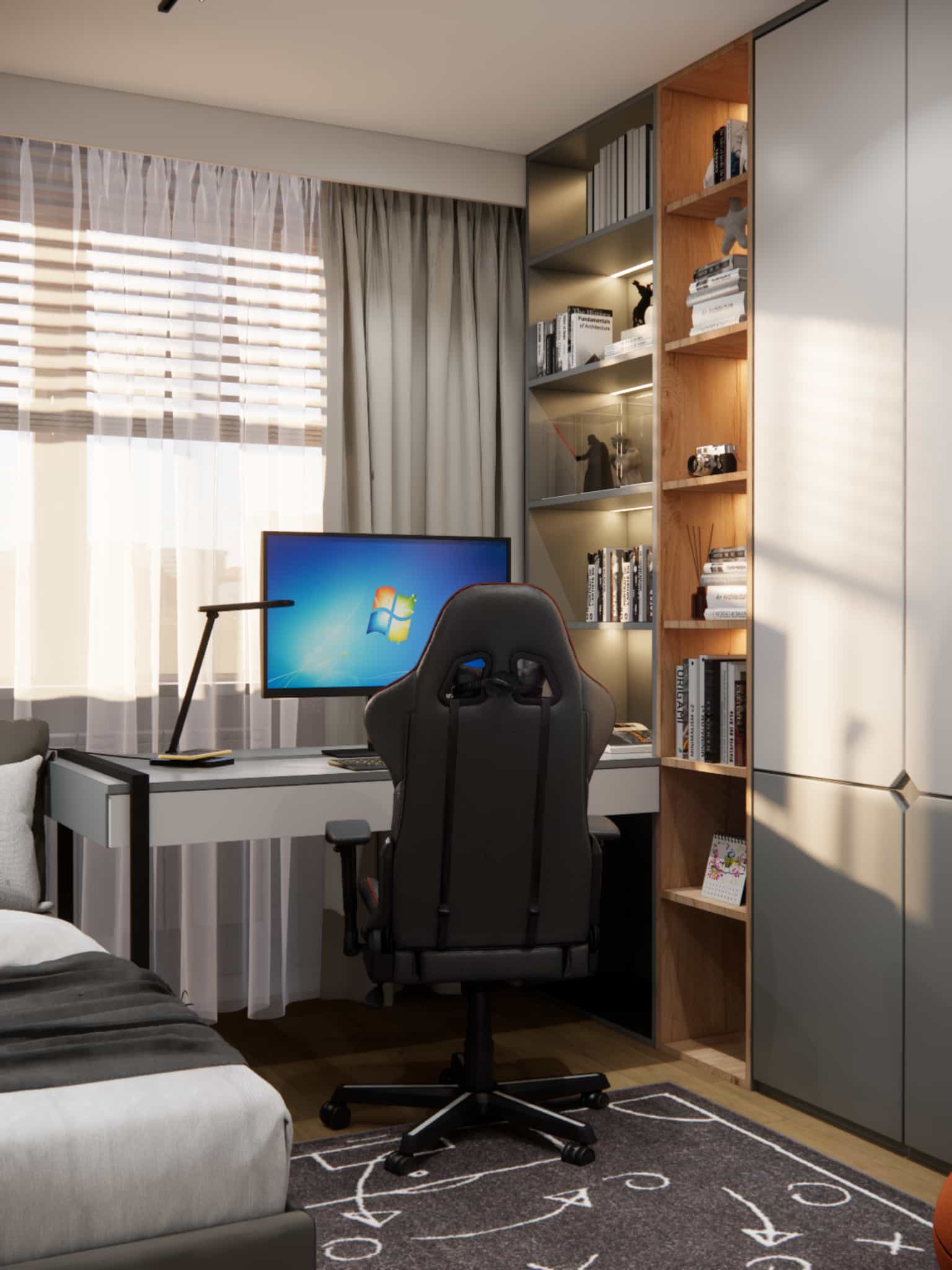 Study area in a boy’s room – desk under the window, desk lamp, and illuminated shelving in a modern interior design