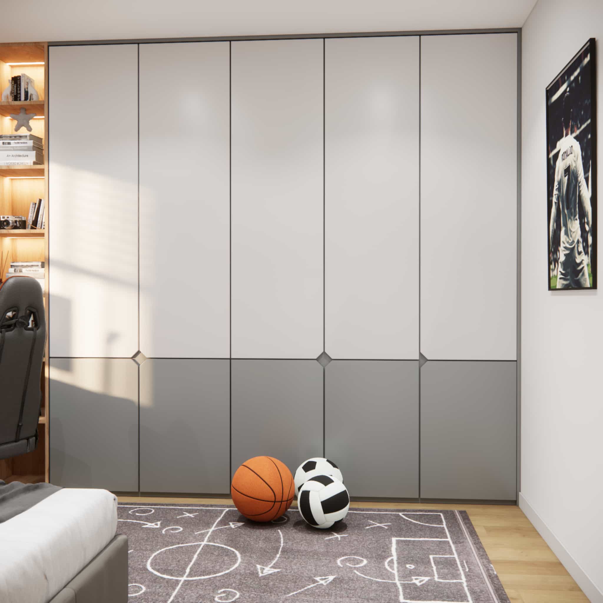 Full-wall wardrobe in a boy’s room – light fronts, dark lower section, and ample storage in a small space