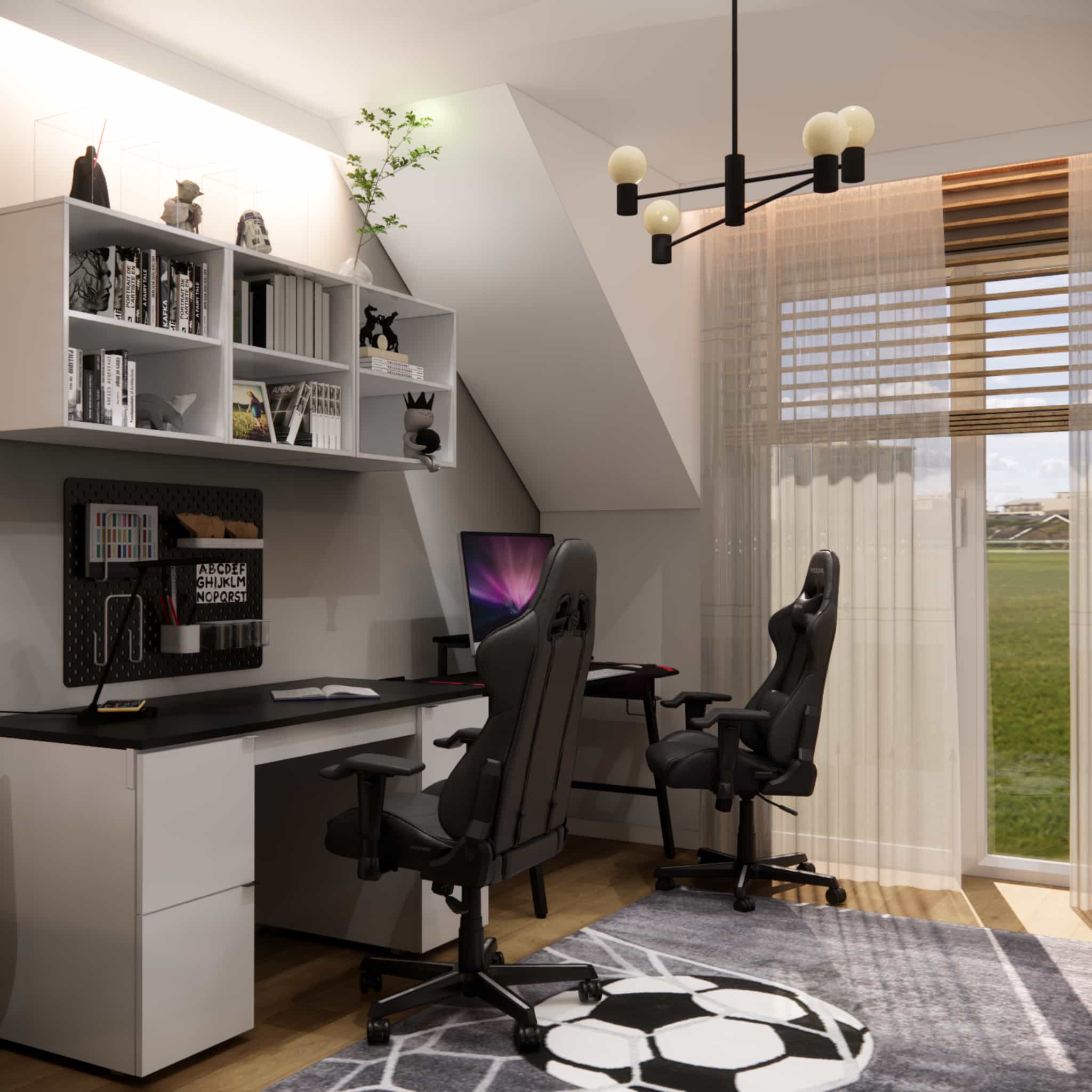 Modern room for a 9-year-old, 13.4m2 – two zones for learning and passion in a cohesive arrangement