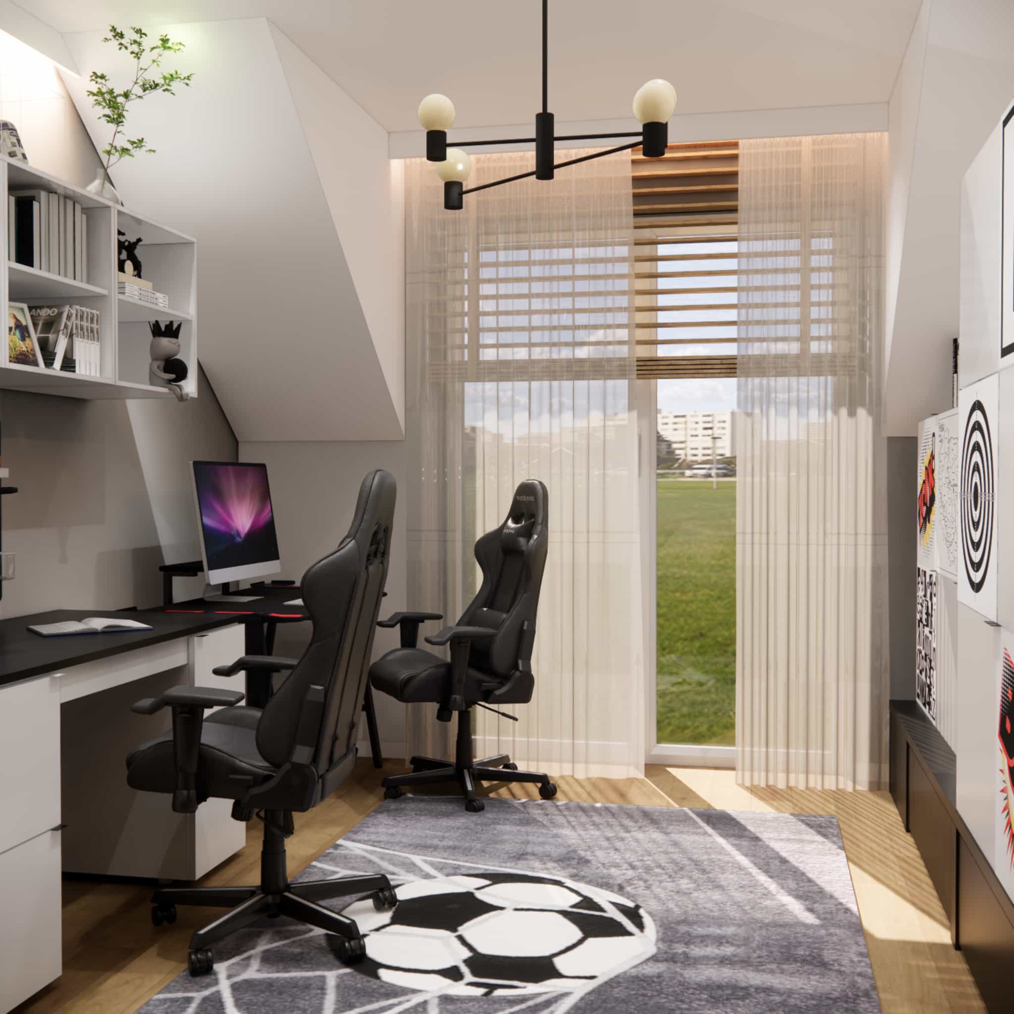 9-year-old boy’s attic room – natural light, balcony window and football-themed rug