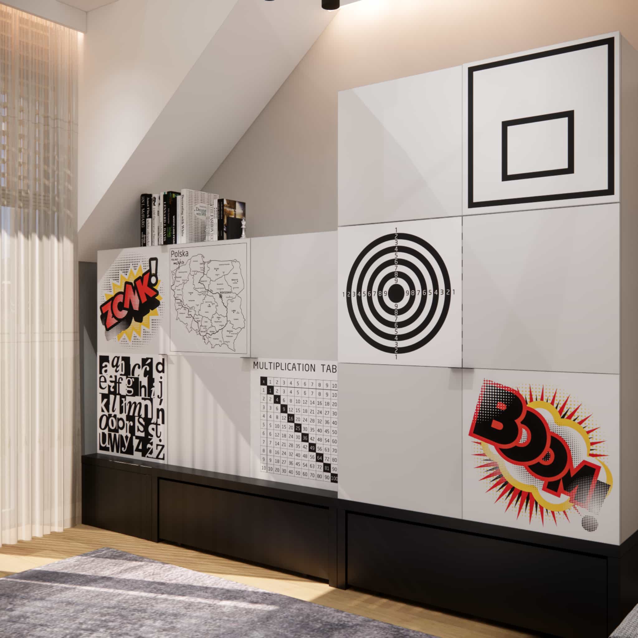 Storage under sloped ceilings in a child’s room – low ready-made furniture and educational graphics