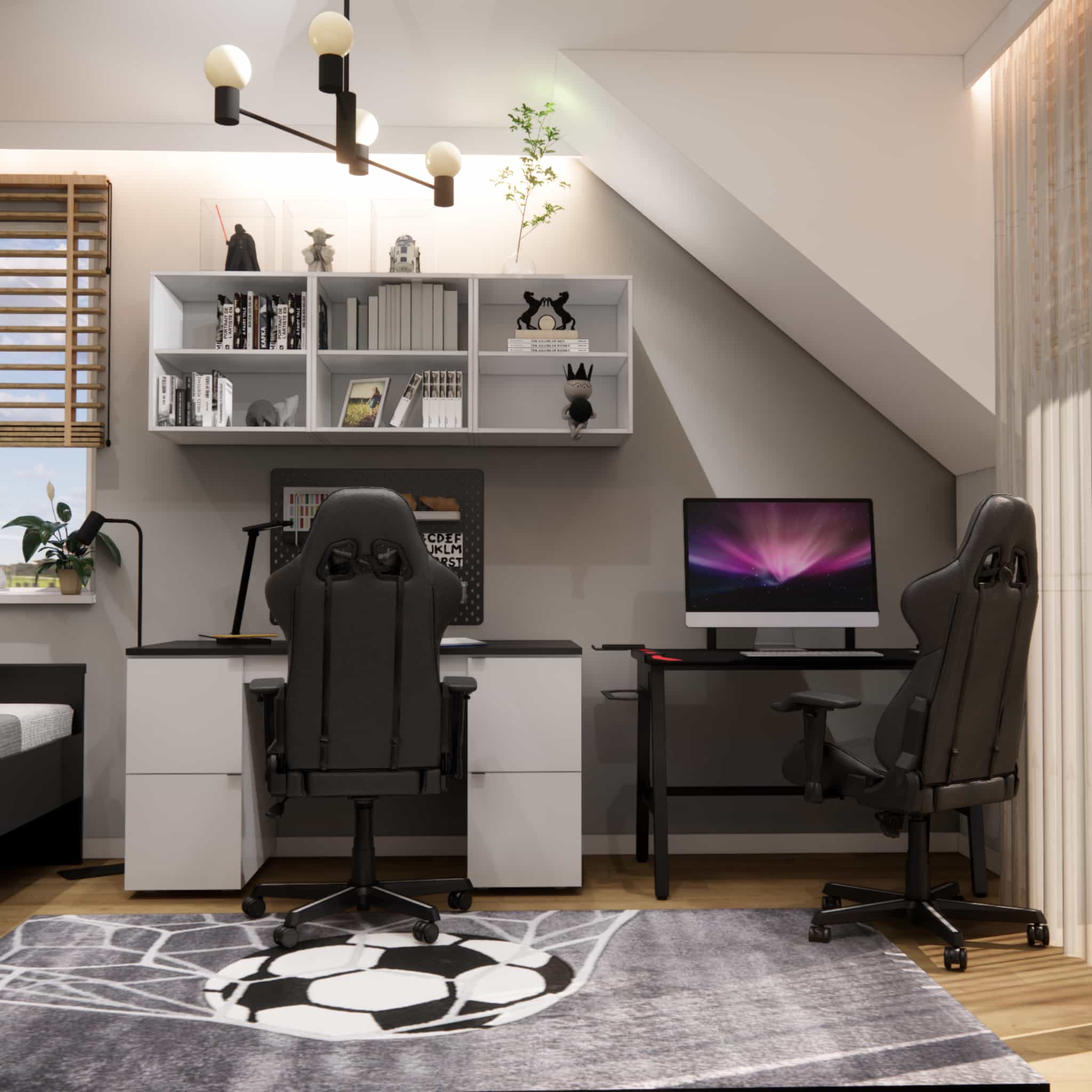 Learning zone in a 9-year-old boy’s attic room – desk under the slope, shelves and two workstations