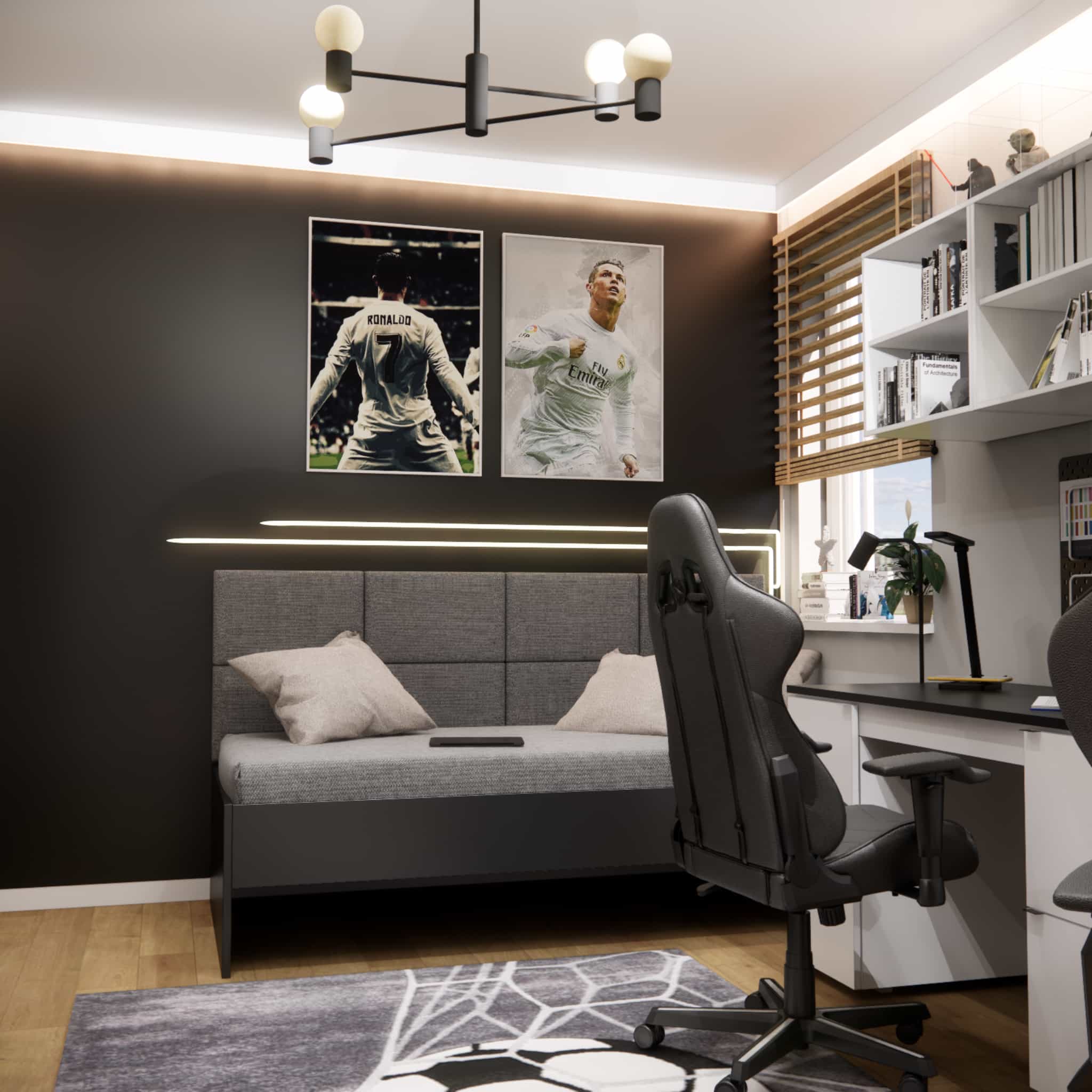 Sleeping zone in a 9-year-old boy’s room – upholstered bed, football theme and LED lighting