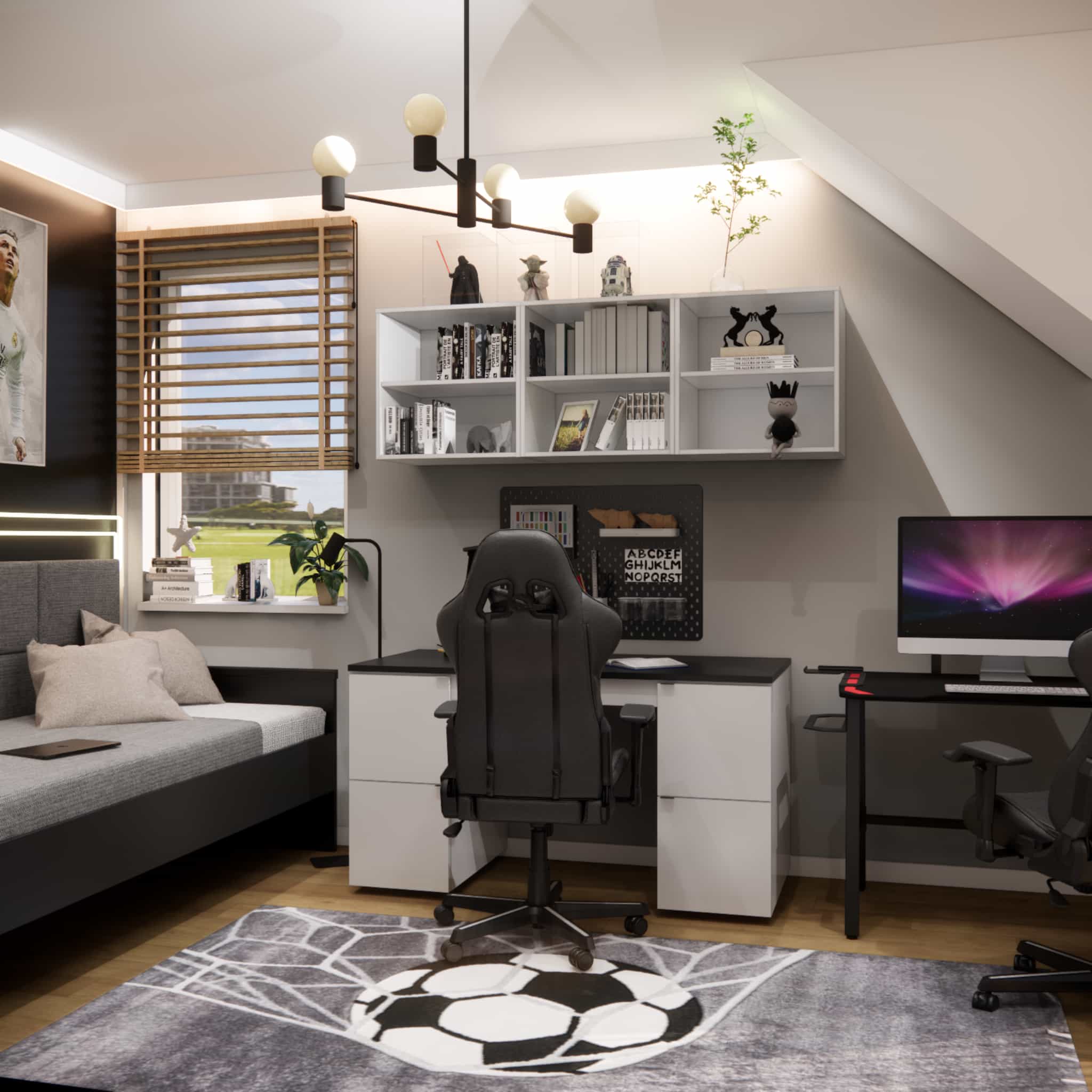 Layout of a 13.4m2 boy’s attic room – division into a learning zone and a relaxation zone