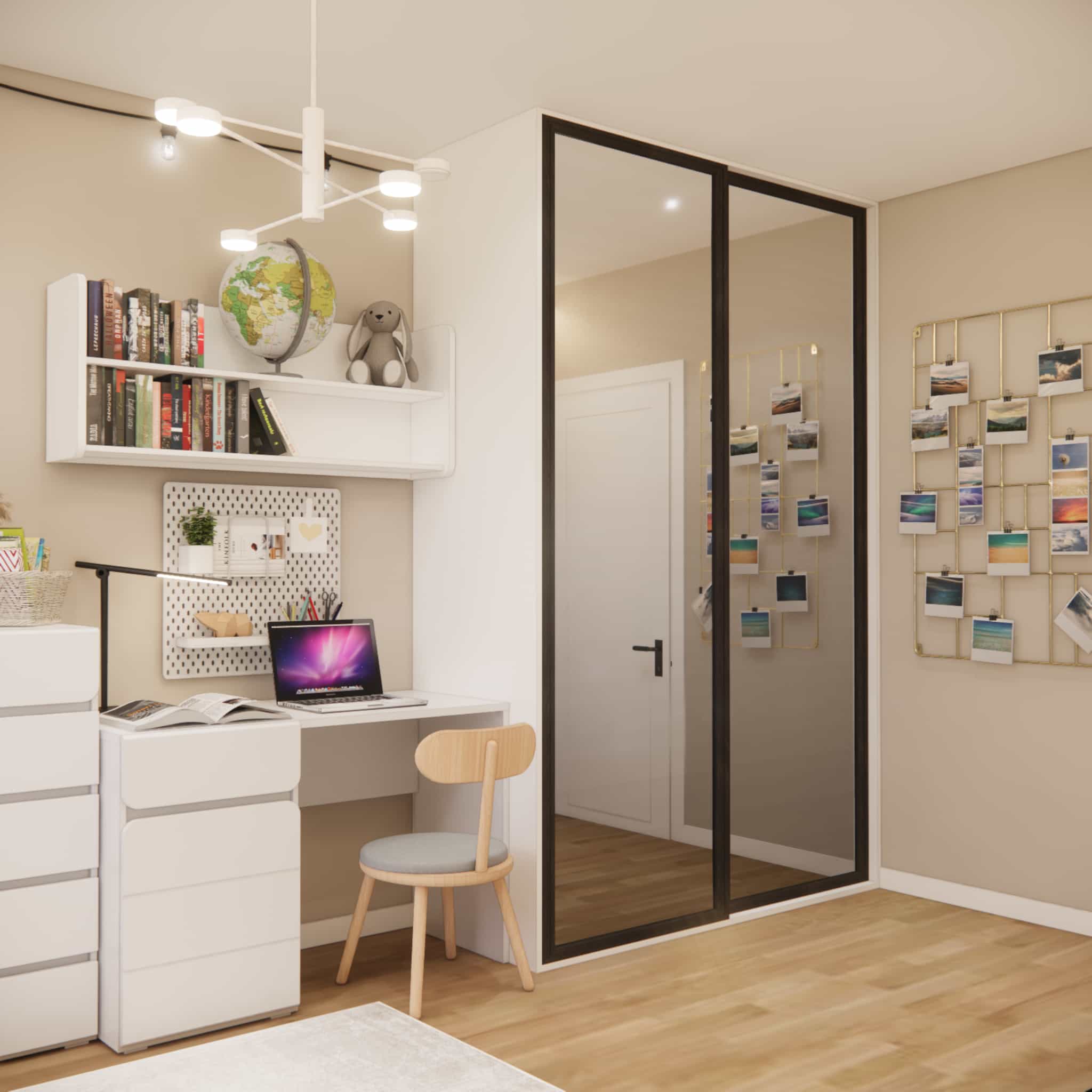 Sliding wardrobe with large fronts and a photo wall in an 8-year-old girl’s room – bright 11.25m2 interior design