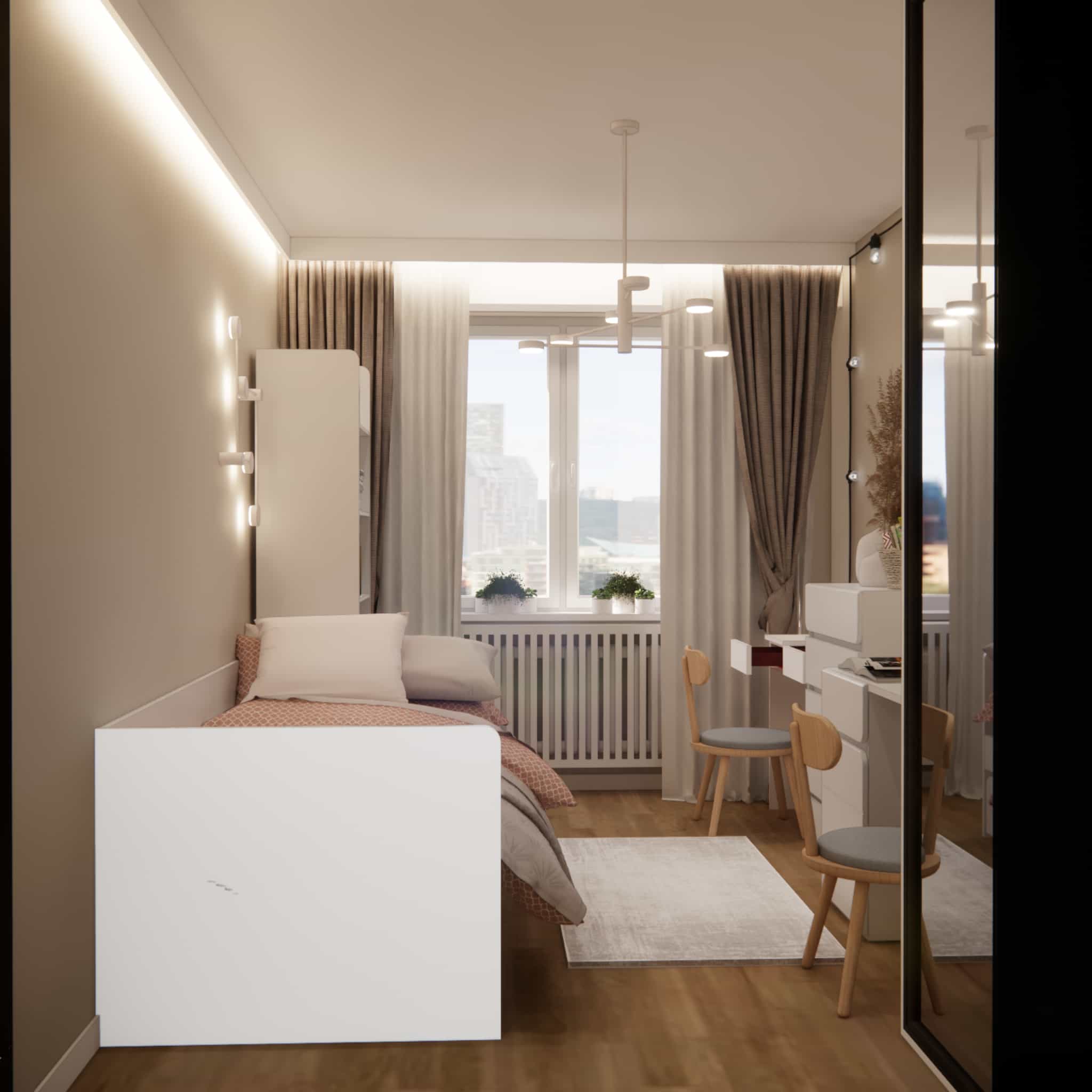 View of a girl’s room for an 8-year-old, 11.25m2: bed, light textiles, sliding wardrobe and white furniture in a calm interior design