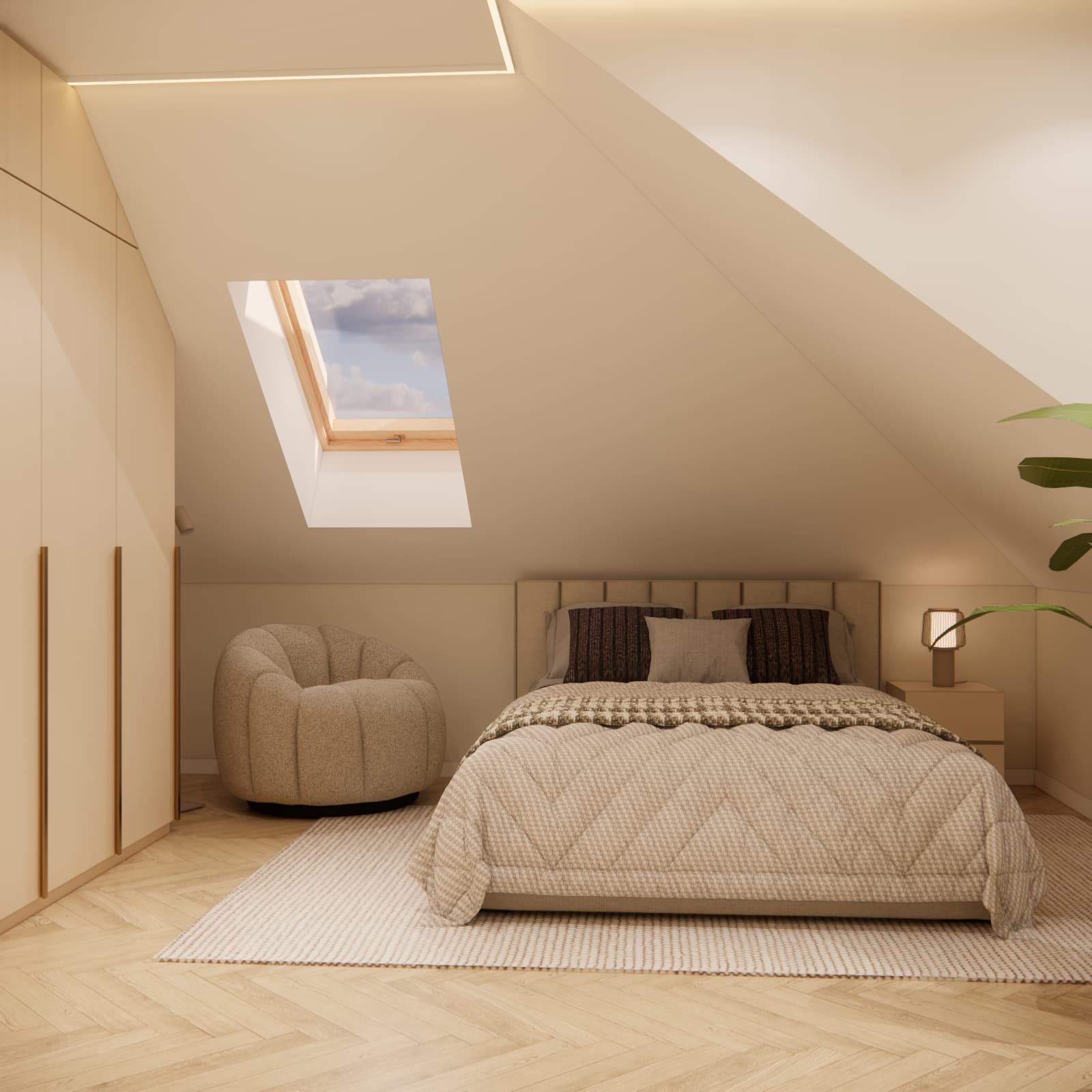 Bed beneath a sloping ceiling in a 13-year-old girl’s bedroom, with a roof window, a light-coloured armchair and a bedside table.