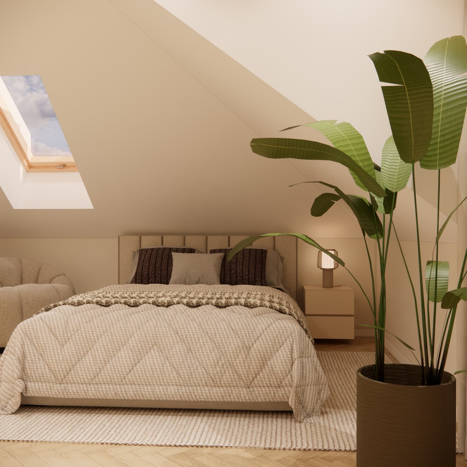 Beige bed beneath a sloping ceiling with a light bedspread, a bedside lamp and a large green plant in the foreground.