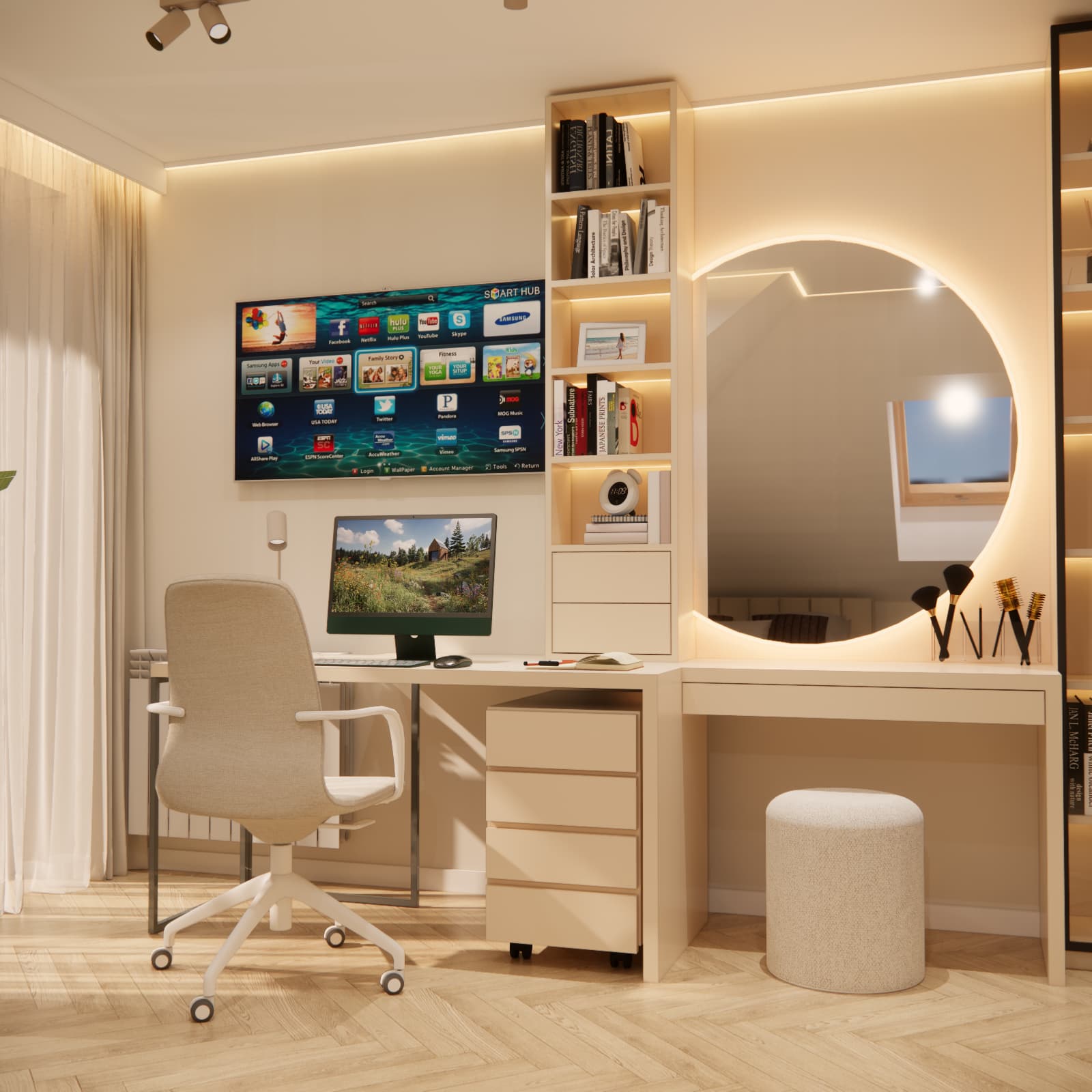 Desk and dressing table combination with a large illuminated mirror, bookshelves and a cream pouffe.