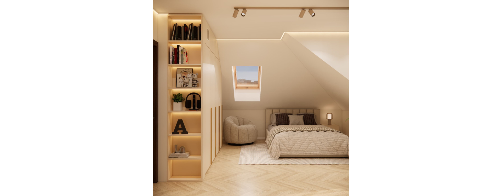 13-Year-Old Maja’s Bedroom – A 20 m² Attic Space with a Desk and Dressing Table in Beige