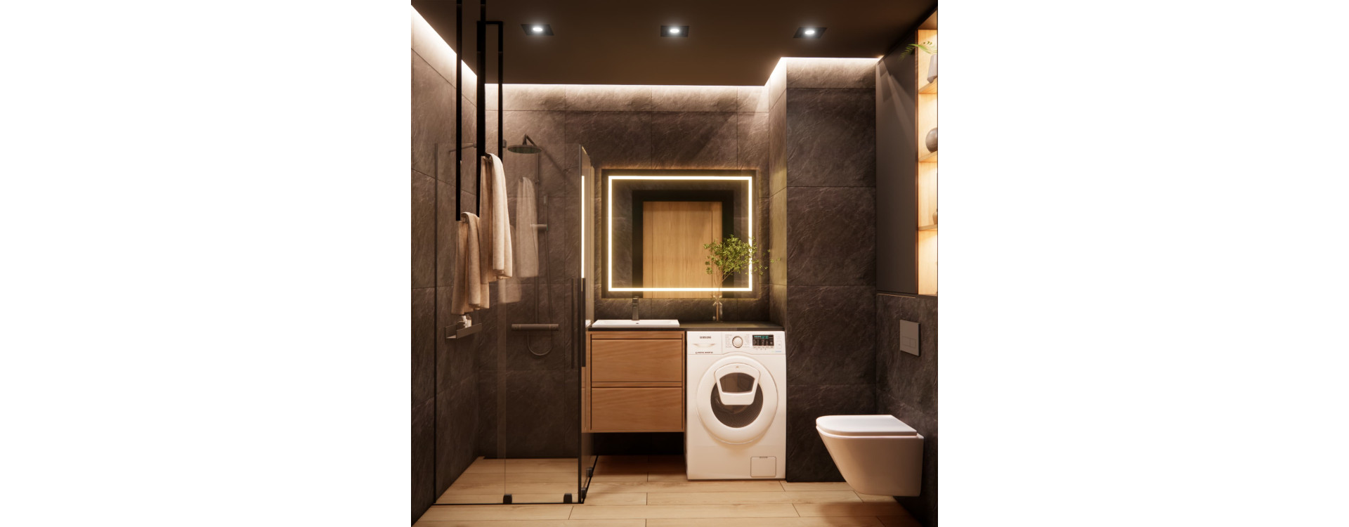 Mała łazienka 4m2 z efektem spa – ciemna elegancja, LED i ukryta pralnia