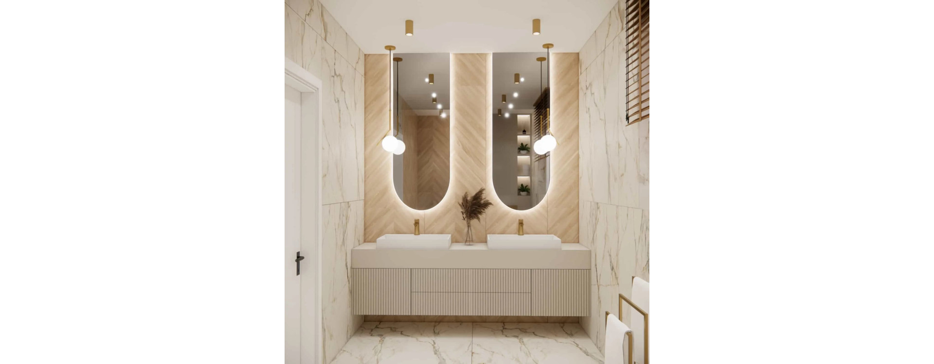 Modern 8m2 Bathroom with a Corner Bathtub – Marble, Wood and Gold Details in an Elegant Interior Design Project