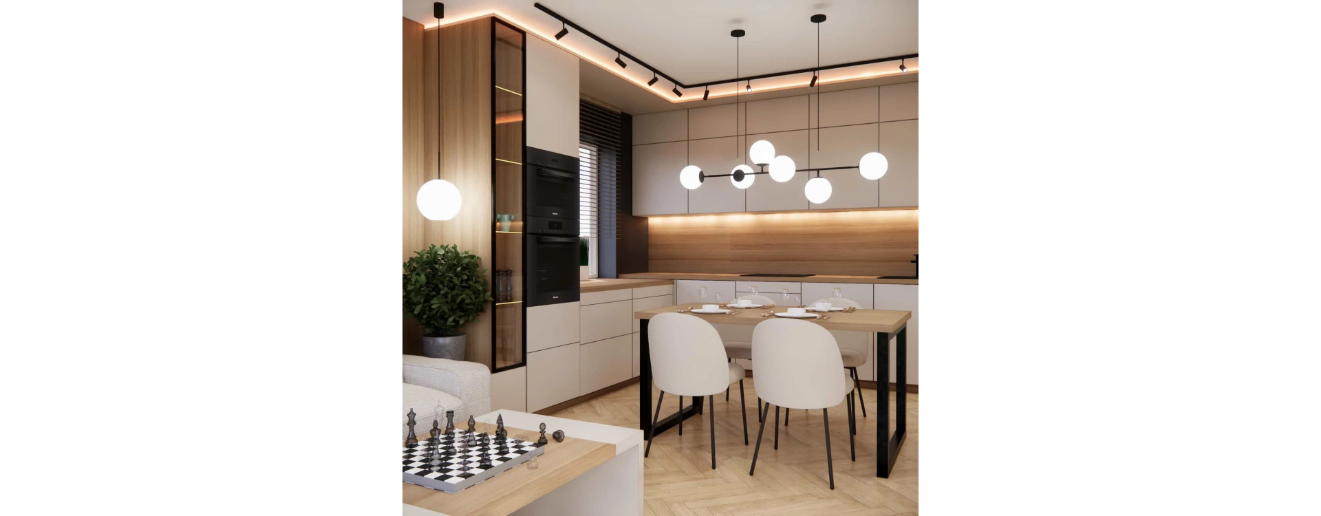 Modern Living Room with Kitchenette 27m2 – a Bright Interior in Wood and Beige Tones