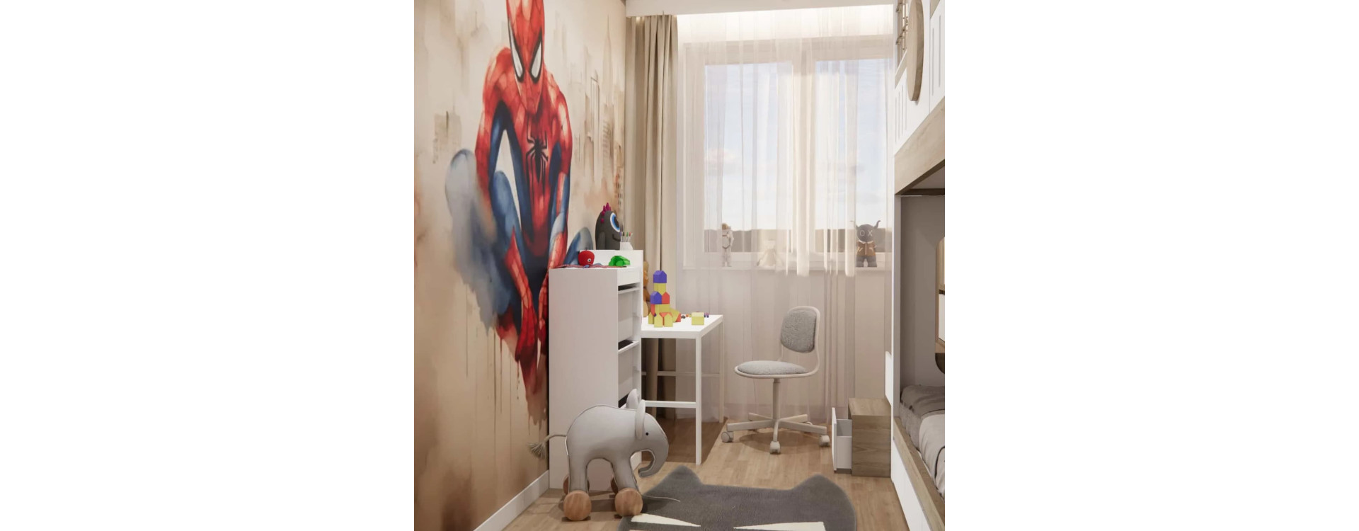 Pokój Chłopca 4 Lata – Nowoczesny Projekt z Motywem Spidermana, Łóżkiem Piętrowym i Strefą Zabawy