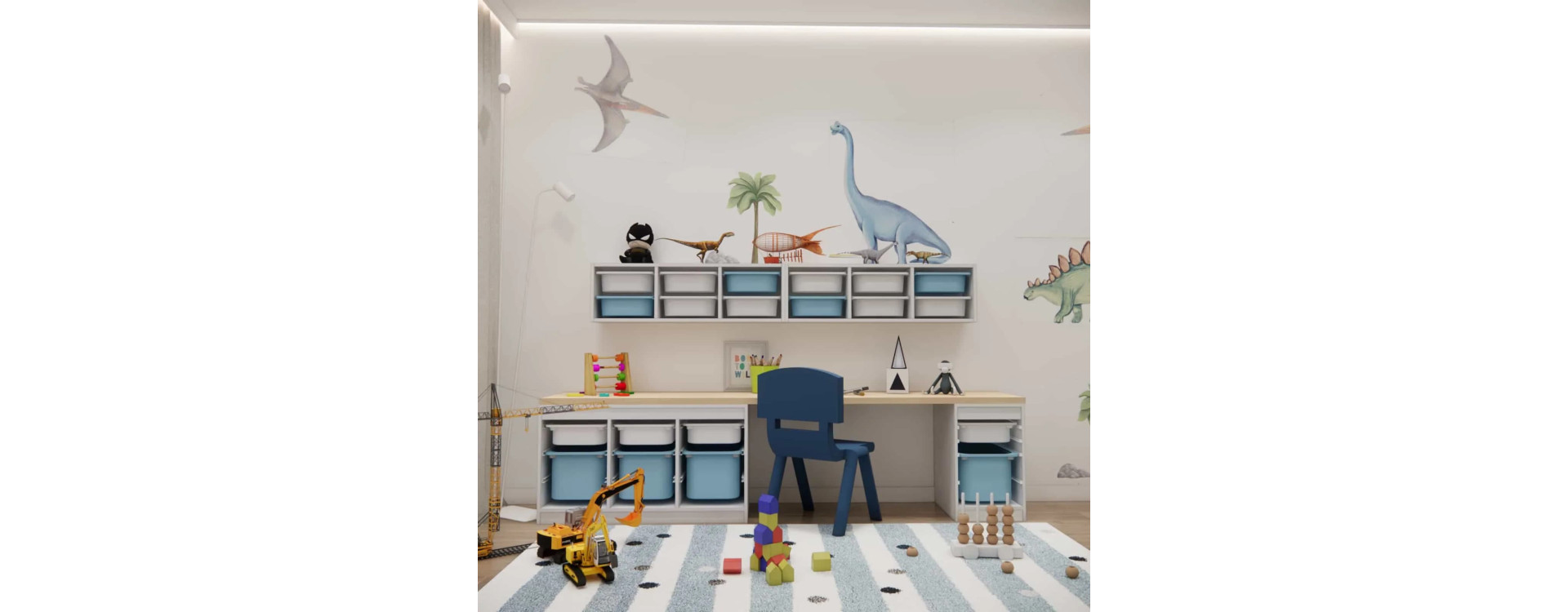 Projekt pokoju dla 3-latka – dinozaury w spokojnej, funkcjonalnej aranżacji 10m2