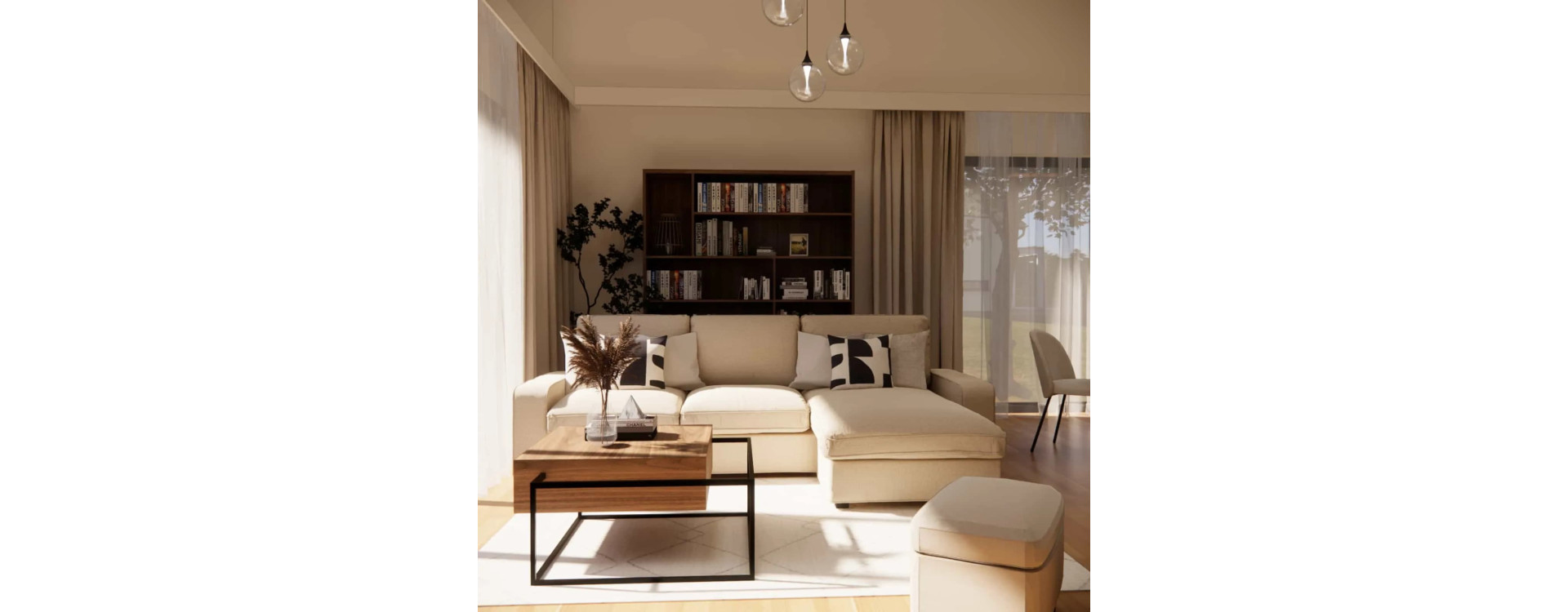 Living room with kitchen, island, and fireplace design – bright interior in cashmere and wood