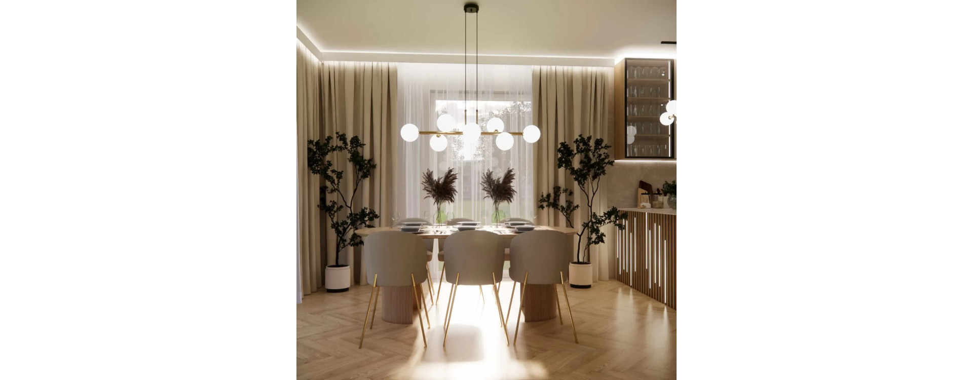 Living Room with Dining Area and Kitchen 45m2 – Modern Interior Design with Wood, Gold, and LED Lighting