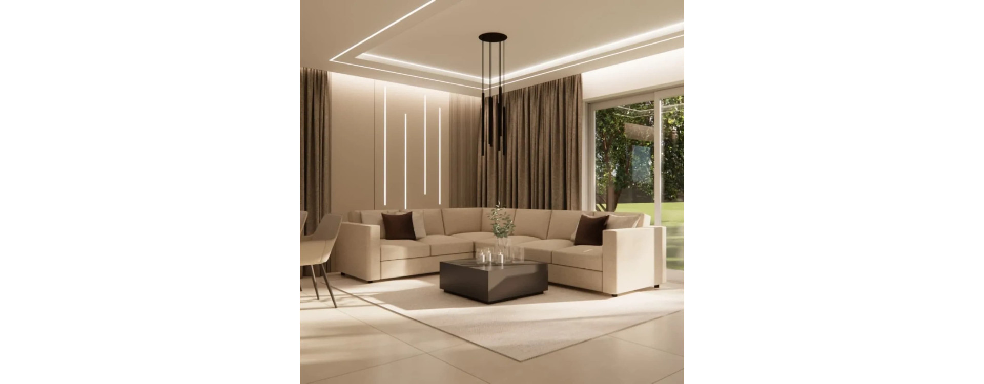Salon z kuchnią w domu – nowoczesna elegancja w beżach i czerni