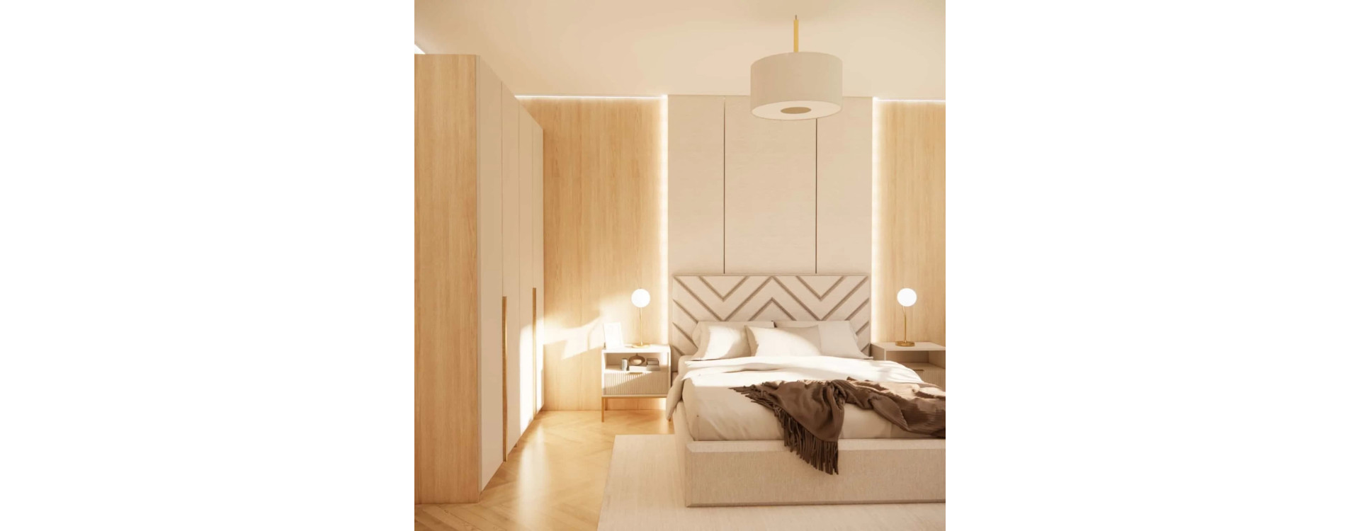 Bedroom 16 sqm with a workspace and a baby crib – a modern design in warm beige tones