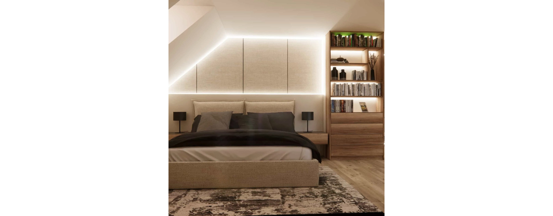 Attic Bedroom – 31m2 Design with a Vanity, Sliding Wardrobe, and Relaxation Zone