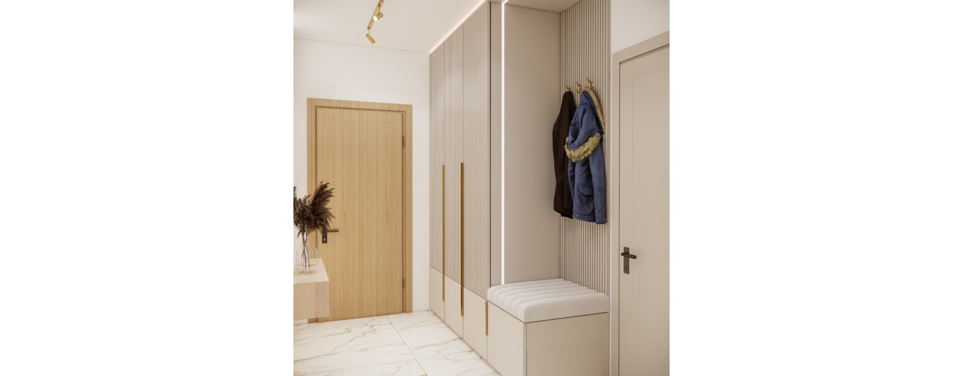 Modern vestibule in beige and wood – a functional entrance design for a single-family home