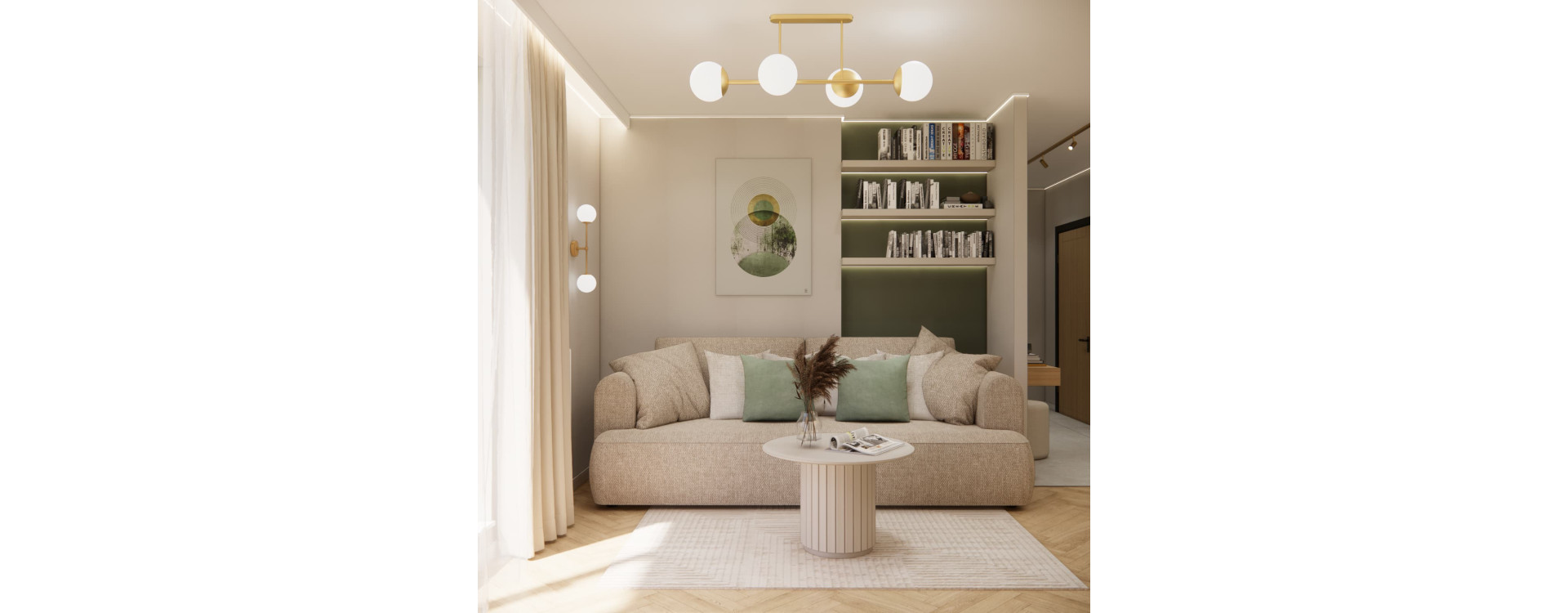 Cozy Small Living Room with a Kitchenette in an Apartment in Light Beige Tones
