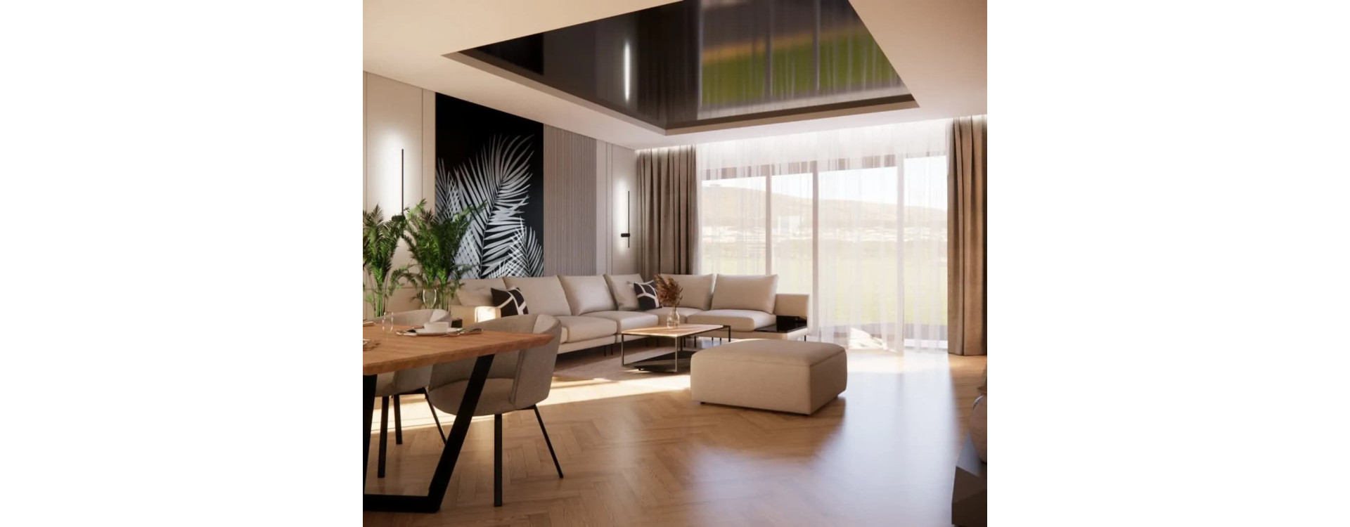 43m2 Living Room with Dining Area – Modern Interior with Suspended and Stretch Ceilings