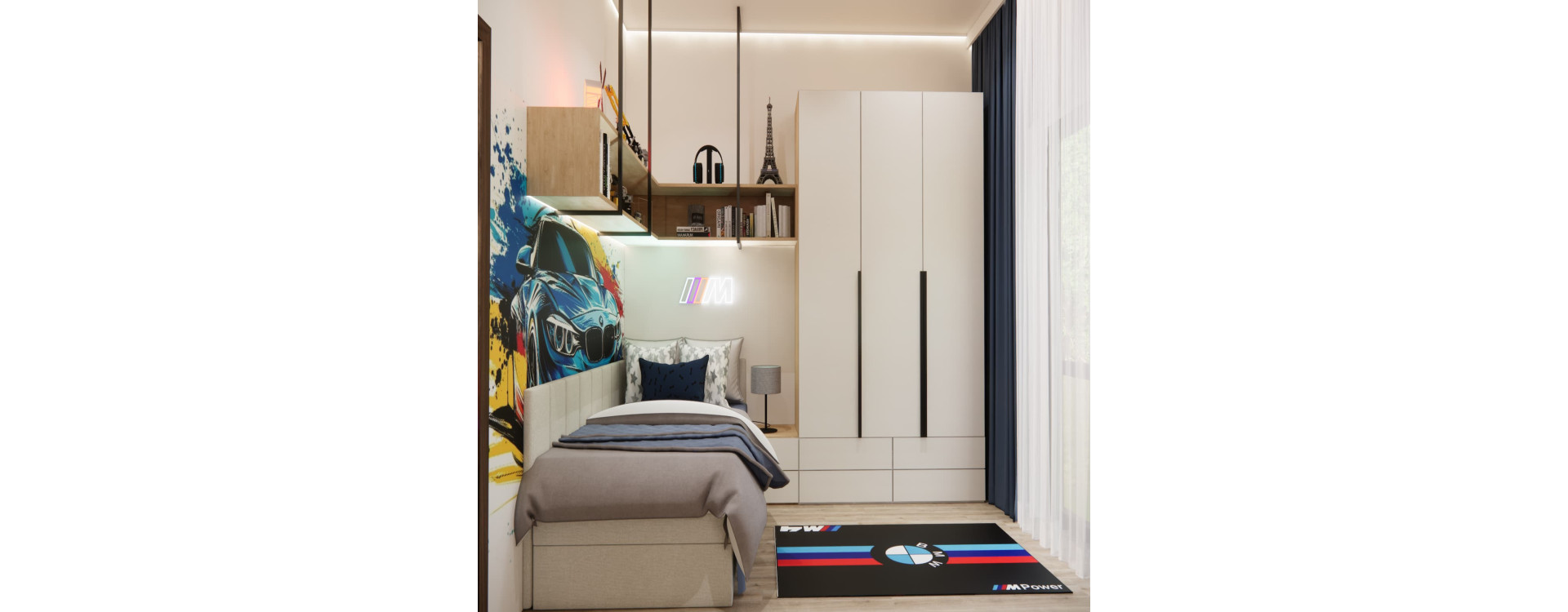 10.28 m² Room Design for a 10-Year-Old Boy in Warsaw – Modern BMW-Inspired Interior