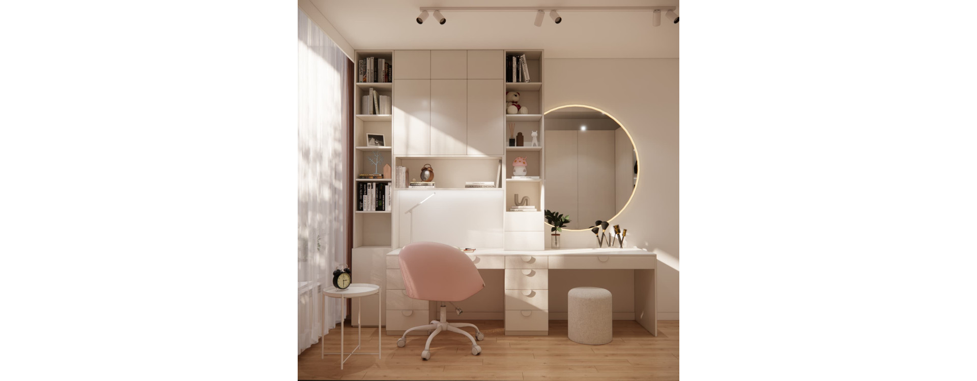 A 12-Year-Old Girl’s Bedroom in Warsaw – 12 m² with a Pink Bed and a Combined Desk and Dressing Table
