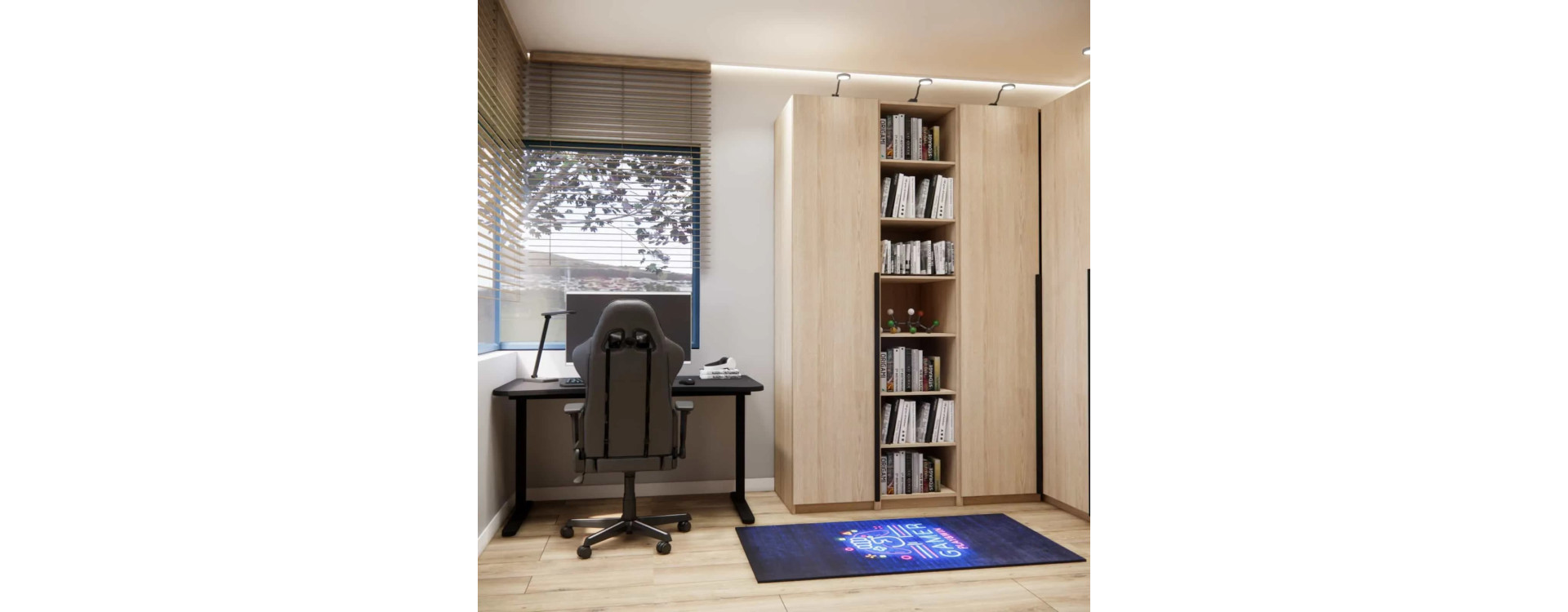 Gaming room for an 8-year-old – gamepad wallpaper, gaming rug and desk for a young gamer