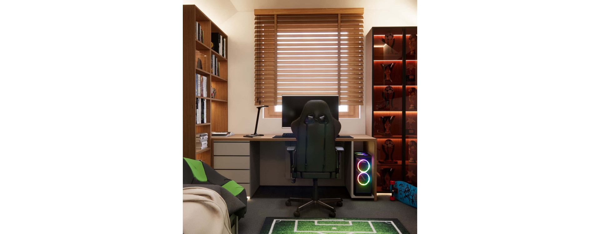Gaming teenage bedroom with a football character – attic room design for a 12-year-old boy