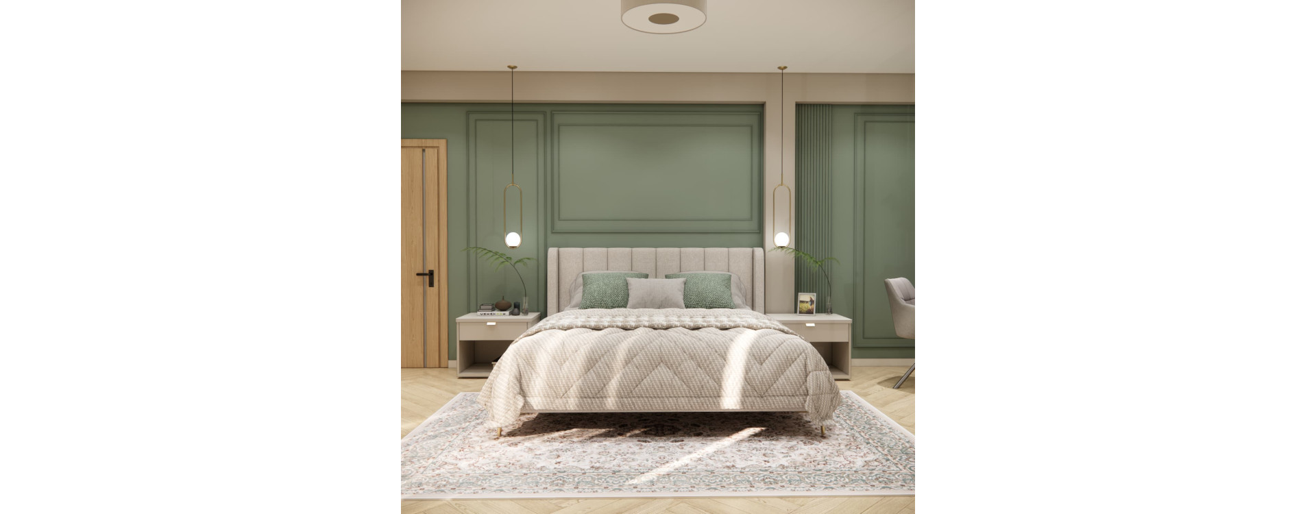 Green and Beige Bedroom with Wall Mouldings and Dressing Table