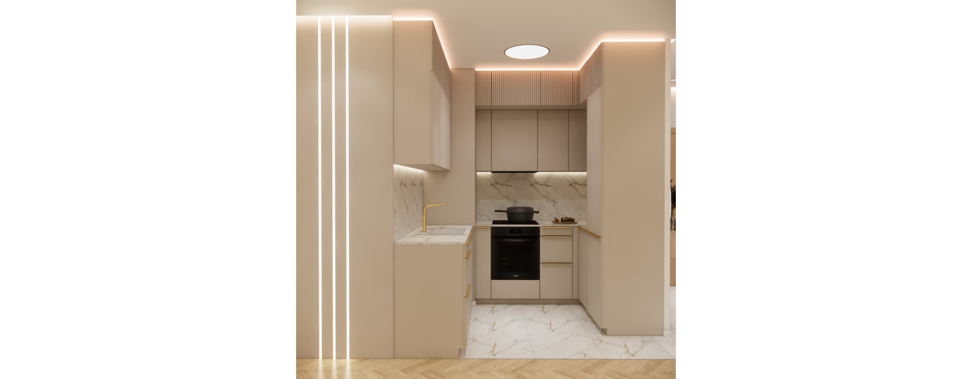 Living Room with Kitchenette Design, 24.43 m², Entrance Hall and Hallway – a Modern Interior in Beige, Wood and Gold