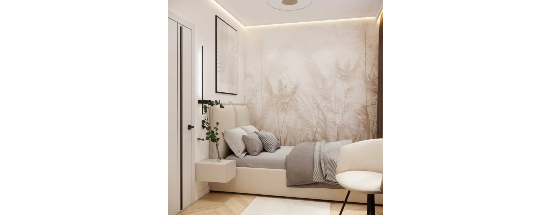 Small 6m2 Bedroom in an Apartment – A Functional Design with a Vanity Table, Wallpaper and Bed
