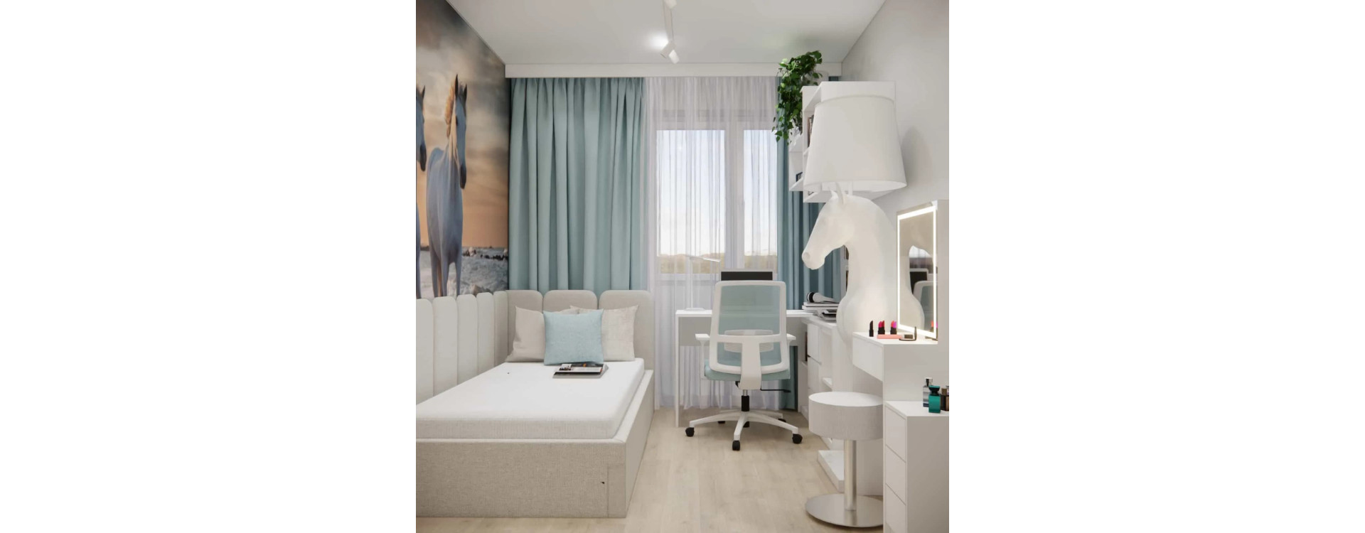 Small room for a 10-year-old girl 8,9m2 – functional interior design with horse wallpaper and a study zone