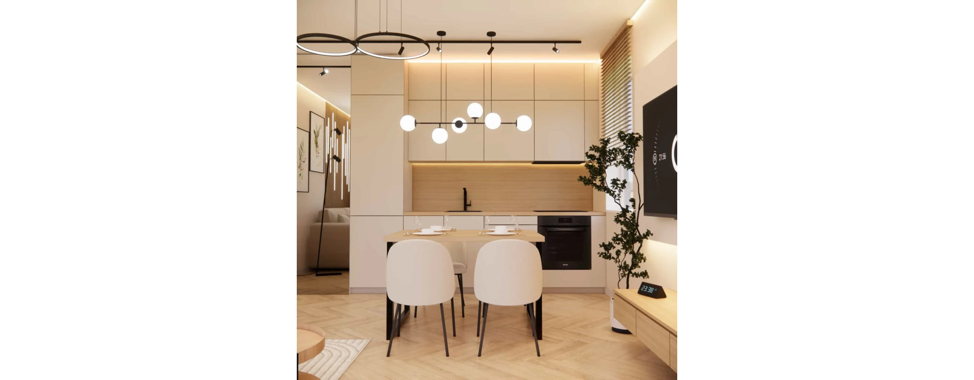 Small Living Room with a Kitchenette 17m2 – a Modern Design with a Warm Atmosphere