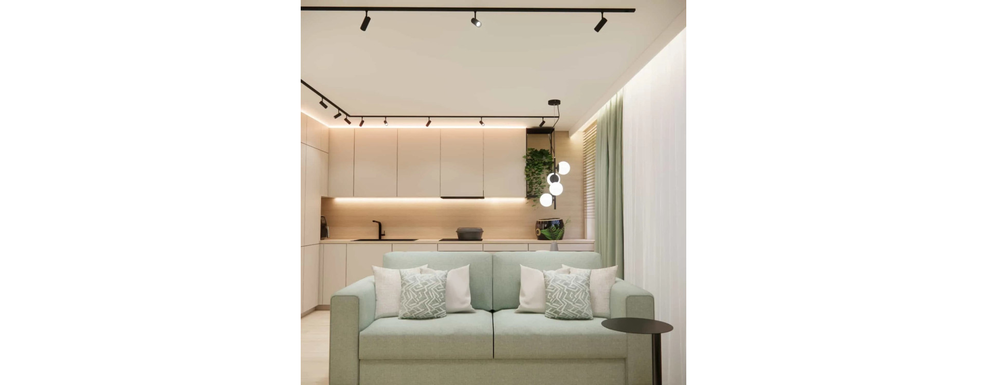 Transformation of a 22m2 Living Room with Kitchenette and Workspace – A Modern Design in Beige and Green