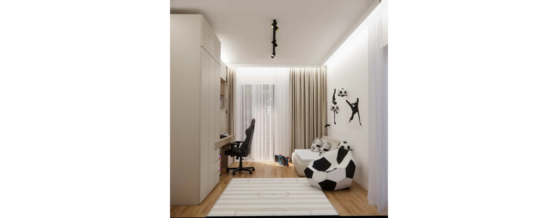 Unconventional Room Design for a 9-Year-Old Boy – Interior with Stadium Wallpaper, Football-Shaped Pouf and Sports Décor