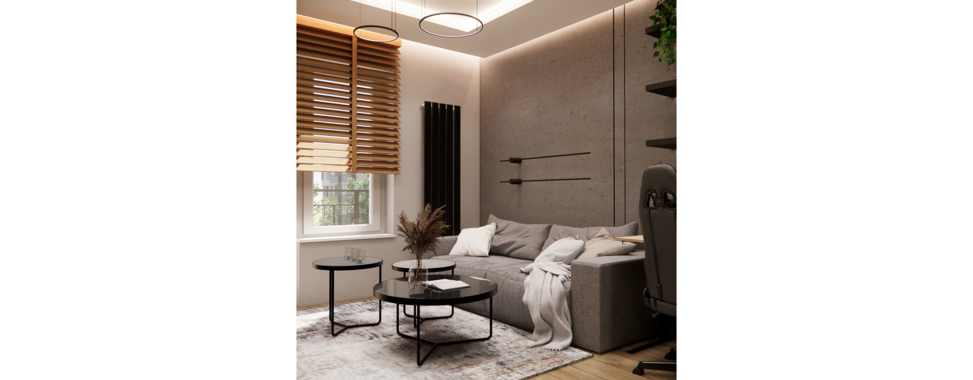 Modern 20m2 living area with a kitchenette and a 6 sqm hallway – a design with wood, black accents, and LED lighting