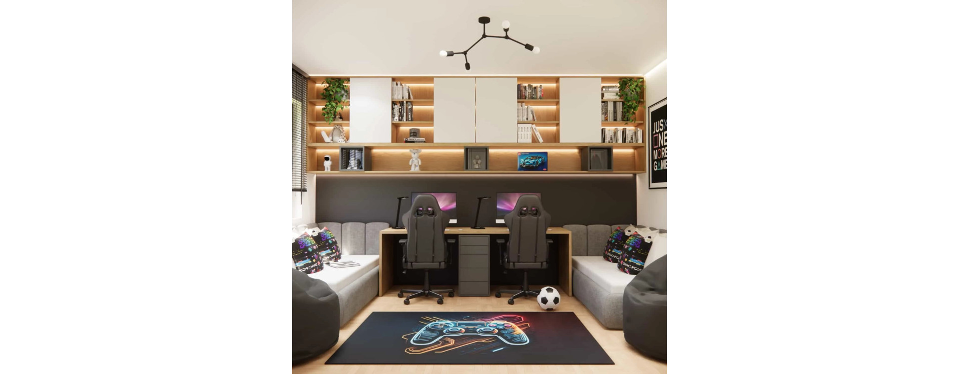 Modern room for two brothers – interior design with a desk, gaming zone, and relaxation area