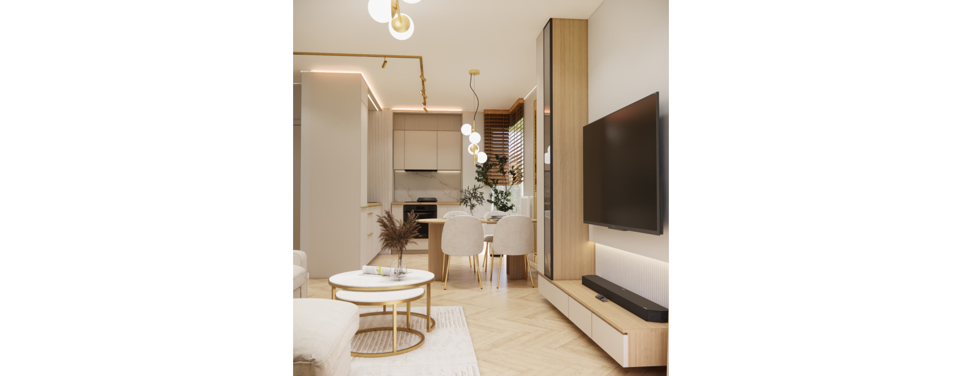 Modern living room with kitchenette 22m2 and hallway 6.78m2 – warm elegance, light and functional interior design