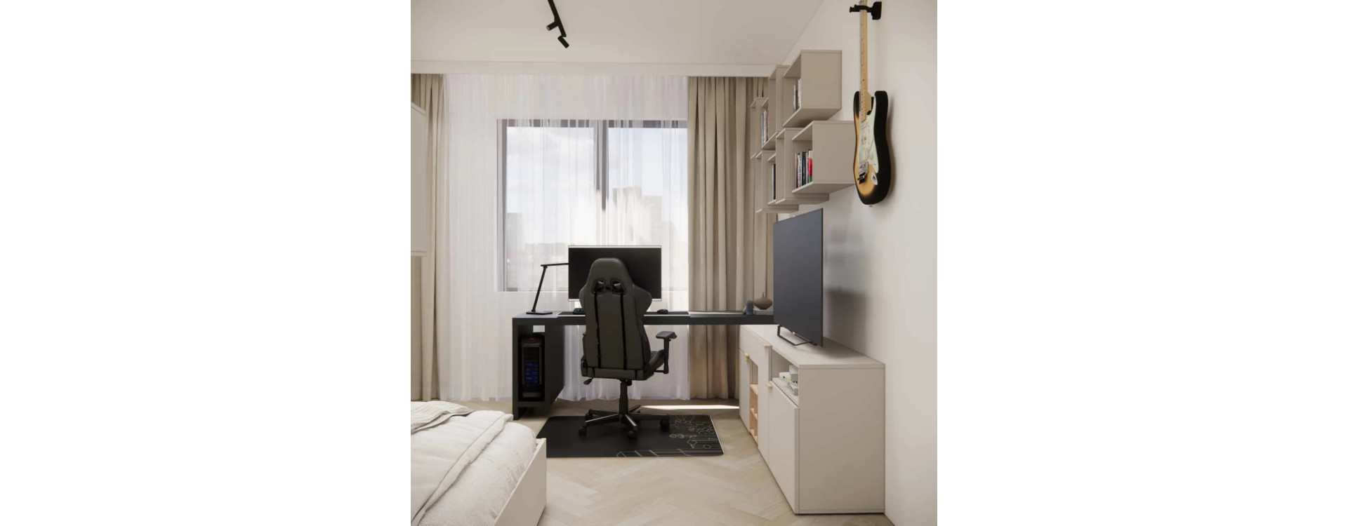 Room for an 18-Year-Old – A Modern Youth Room Design with a Black Slatted LED Wall and Gaming Zone