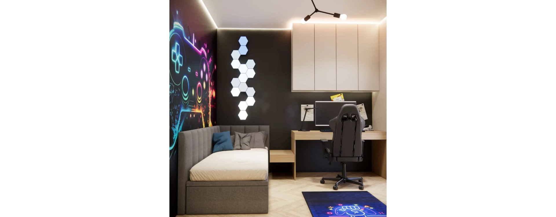 Room for a 12-Year-Old Boy (10.26 m2) – a modern room design with gaming wallpaper, LED lighting, a desk by the window, and custom built-in furniture