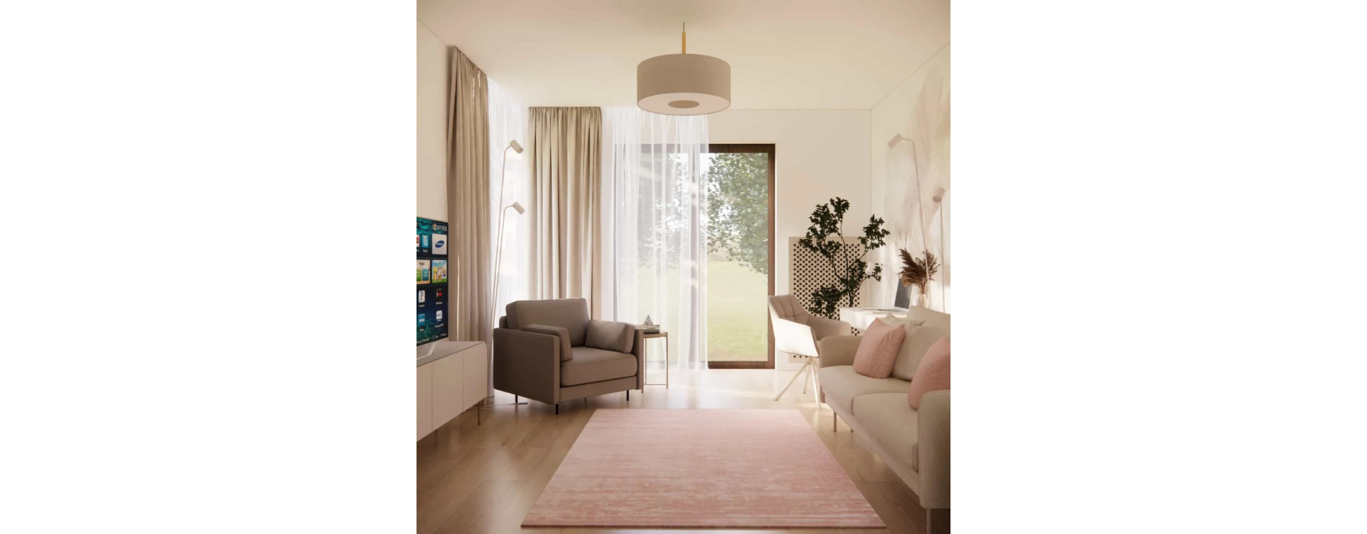 Guest room with a workspace – modern interior design for a woman (home office + relaxation area)