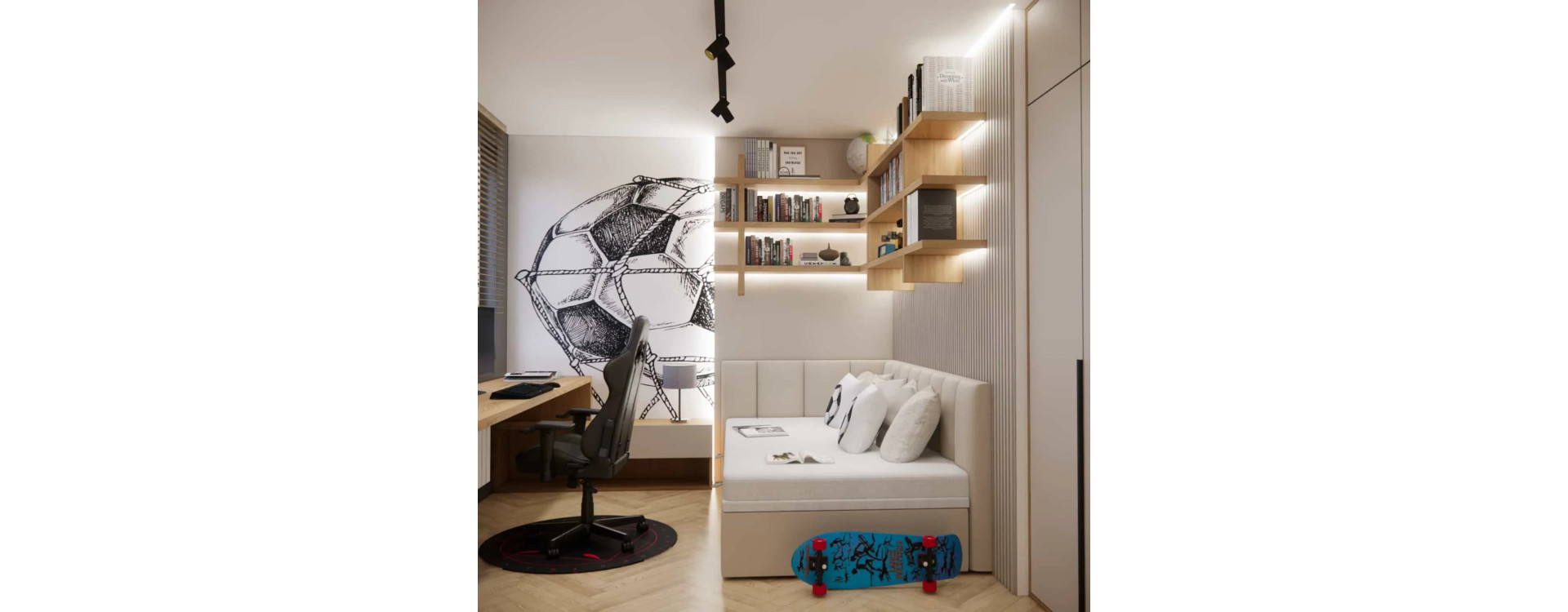 Youth bedroom with a desk by the window, football wallpaper, LED neon on the wall, TV and shelves above the bed