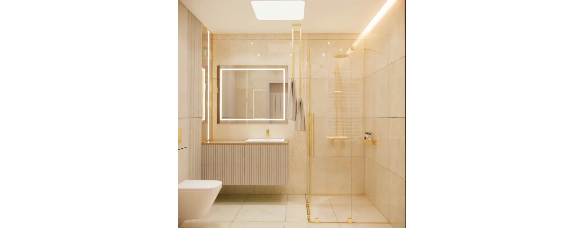 Bathroom design with a shower – glossy beige tiles and gold details